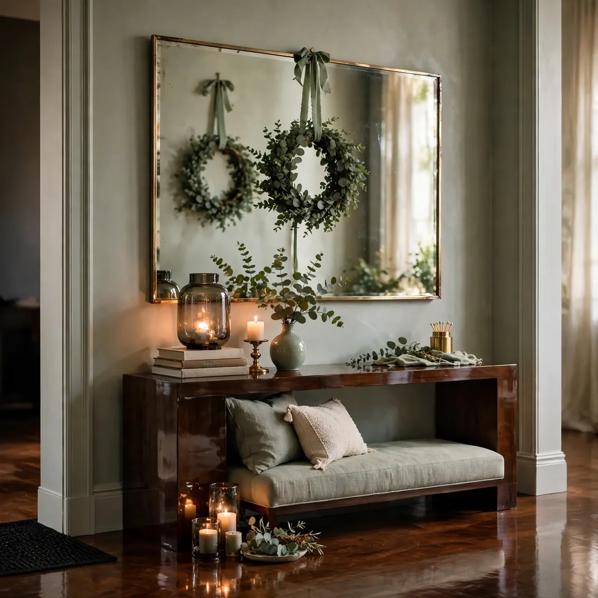 christmas entryway decor ideas: A Wreath on the Foyer Mirror