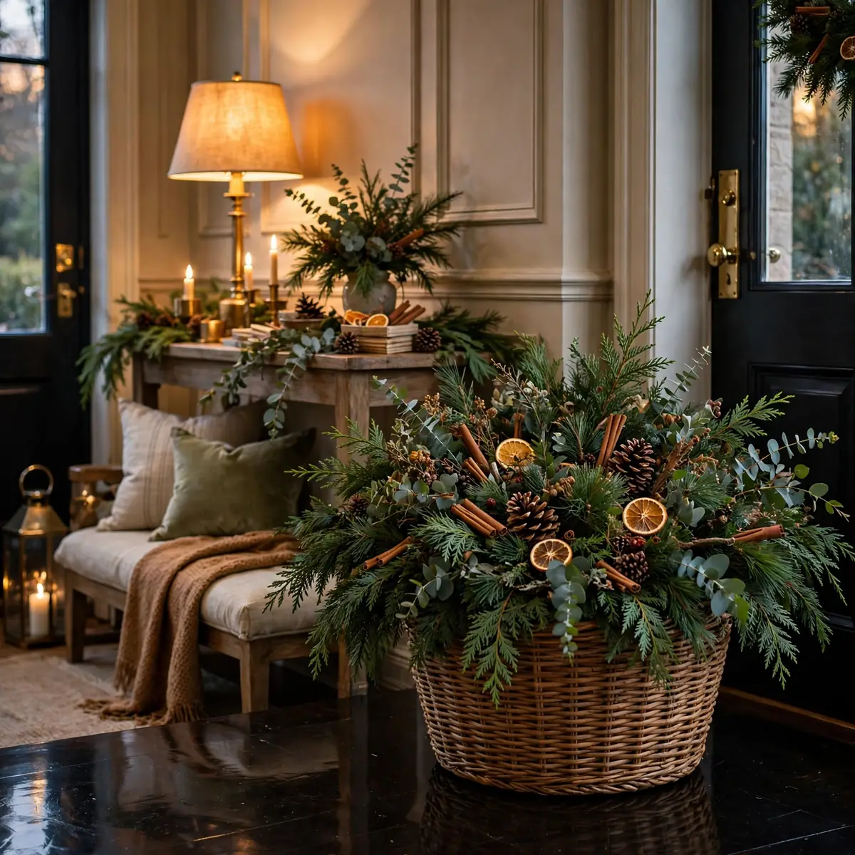 christmas entryway decor ideas: A Basket of Greenery and Pinecones by the Door