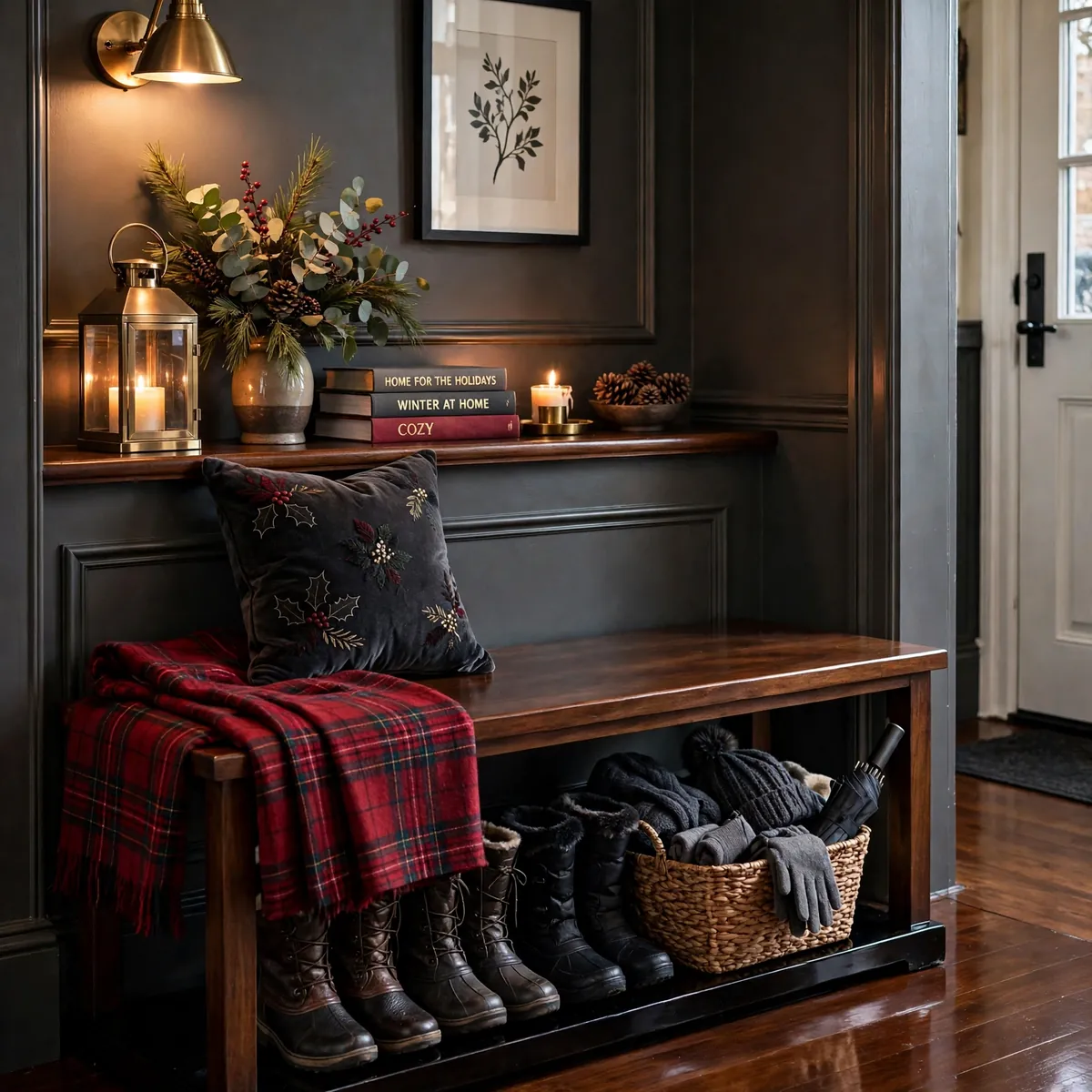christmas entryway decor ideas: The Entry Bench Dressed for December