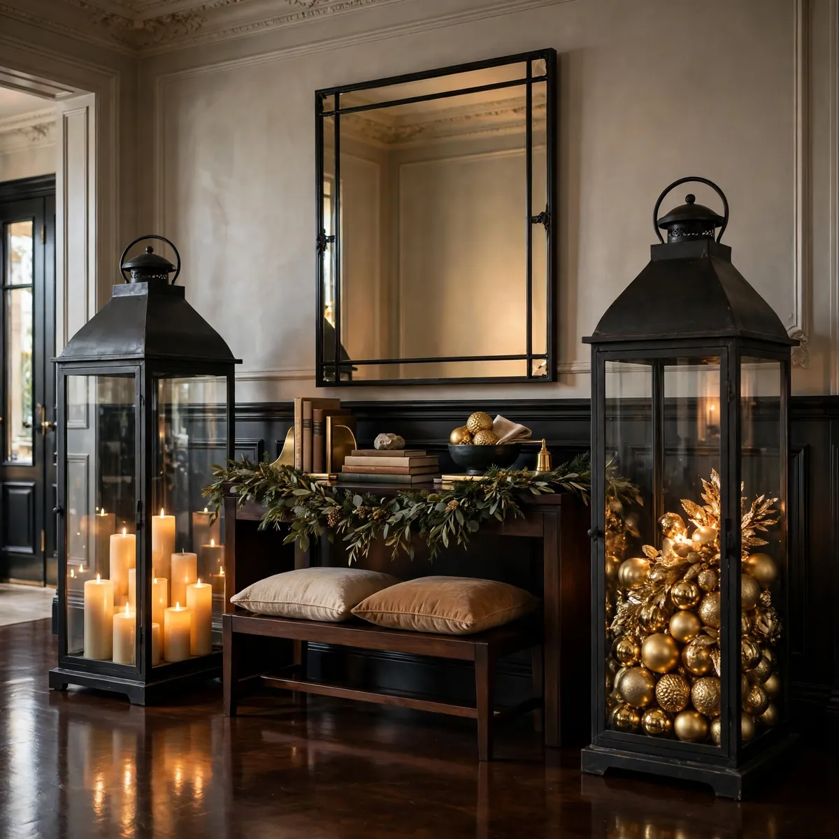 christmas entryway decor ideas: Oversized Lanterns Flanking the Console