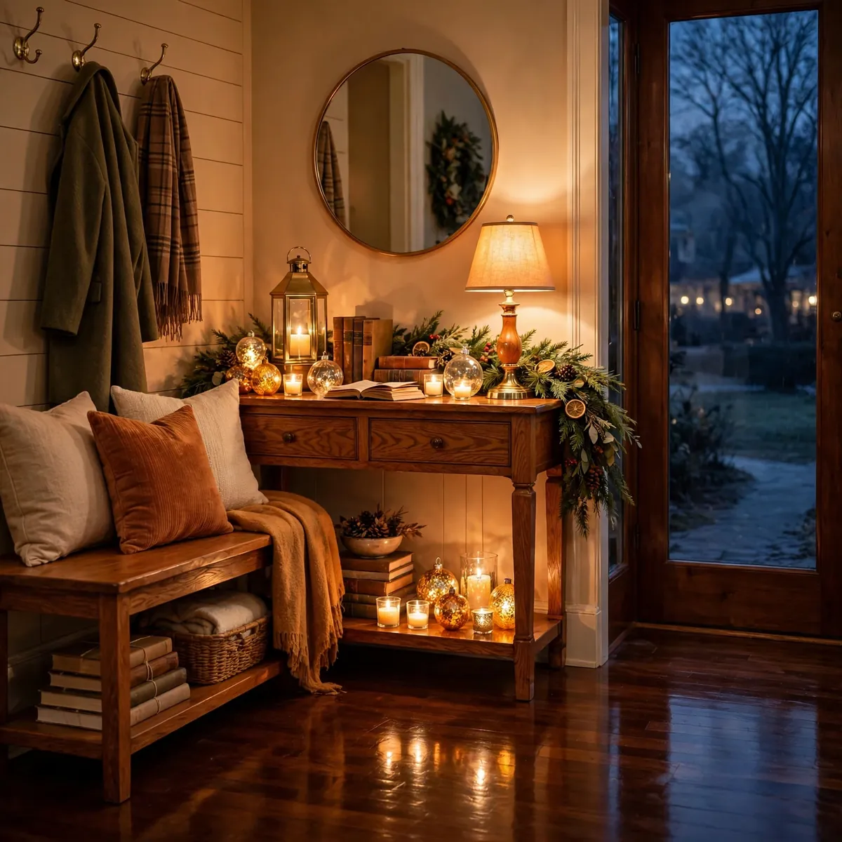 christmas entryway decor ideas: Warm-Light Lamp Swap for December Evenings