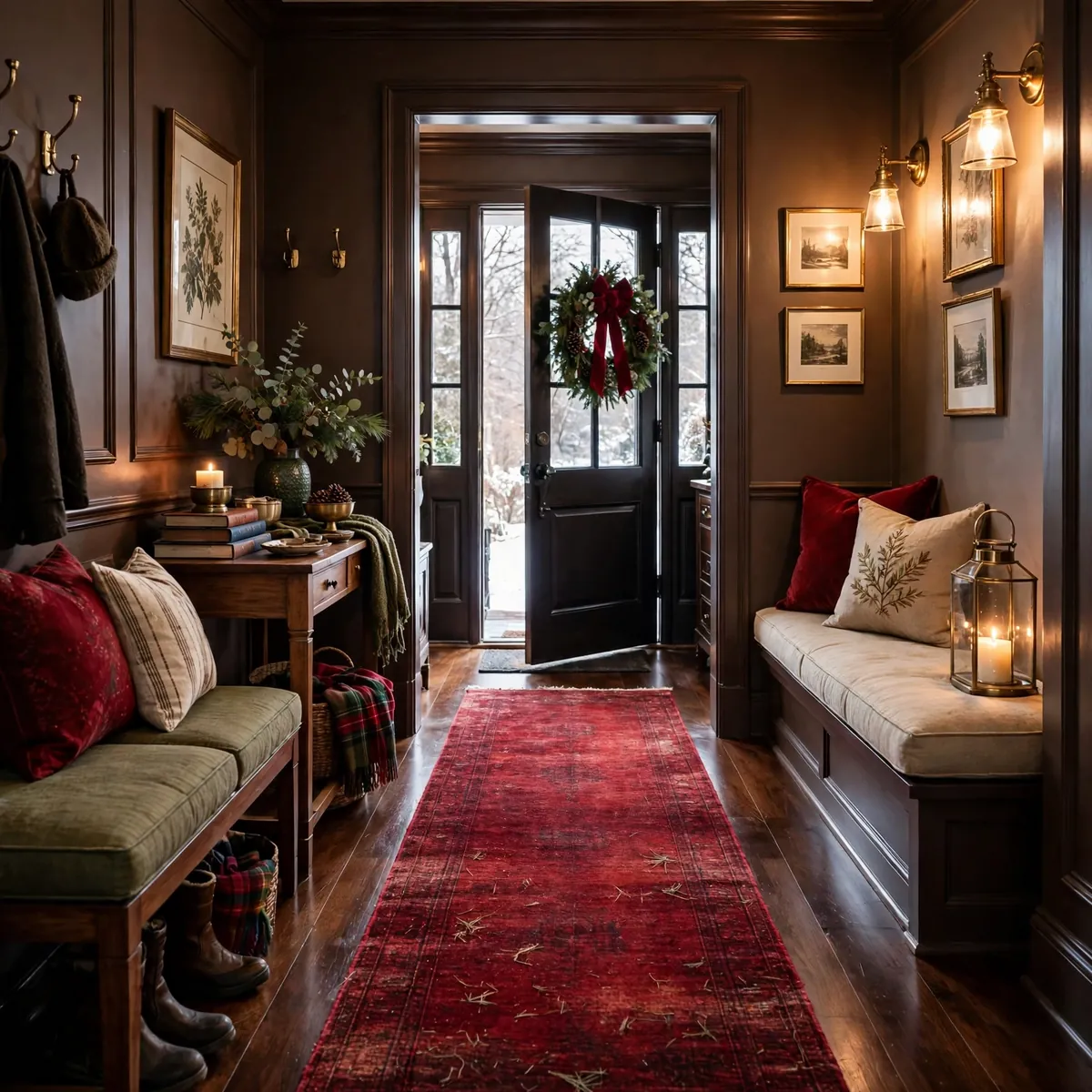 christmas entryway decor ideas: A Festive Runner Underfoot