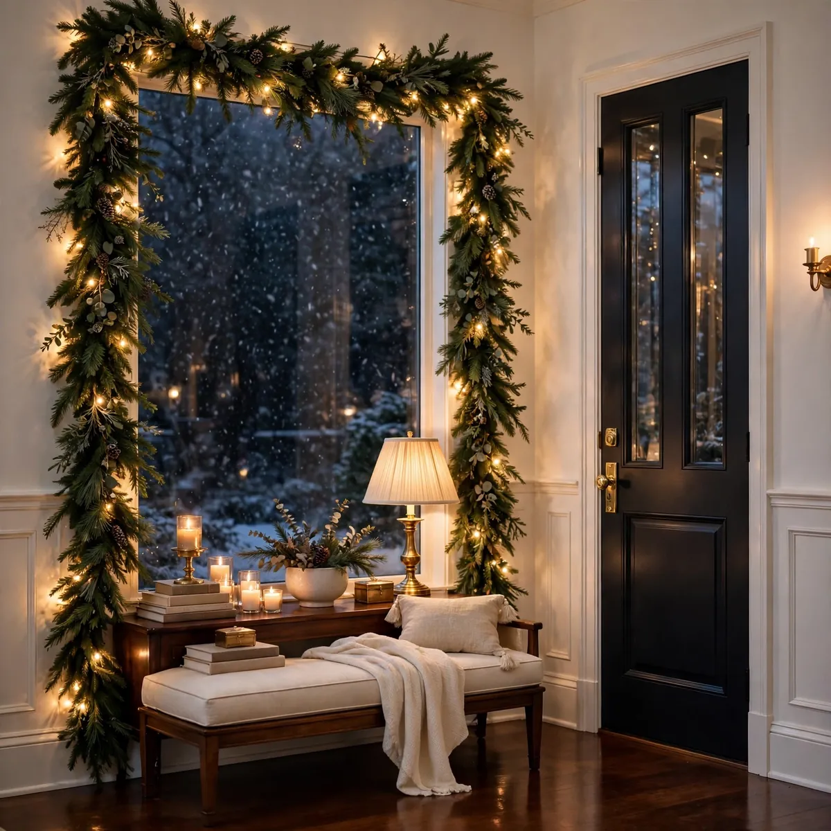 christmas entryway decor ideas: Garland Framing the Entryway Window