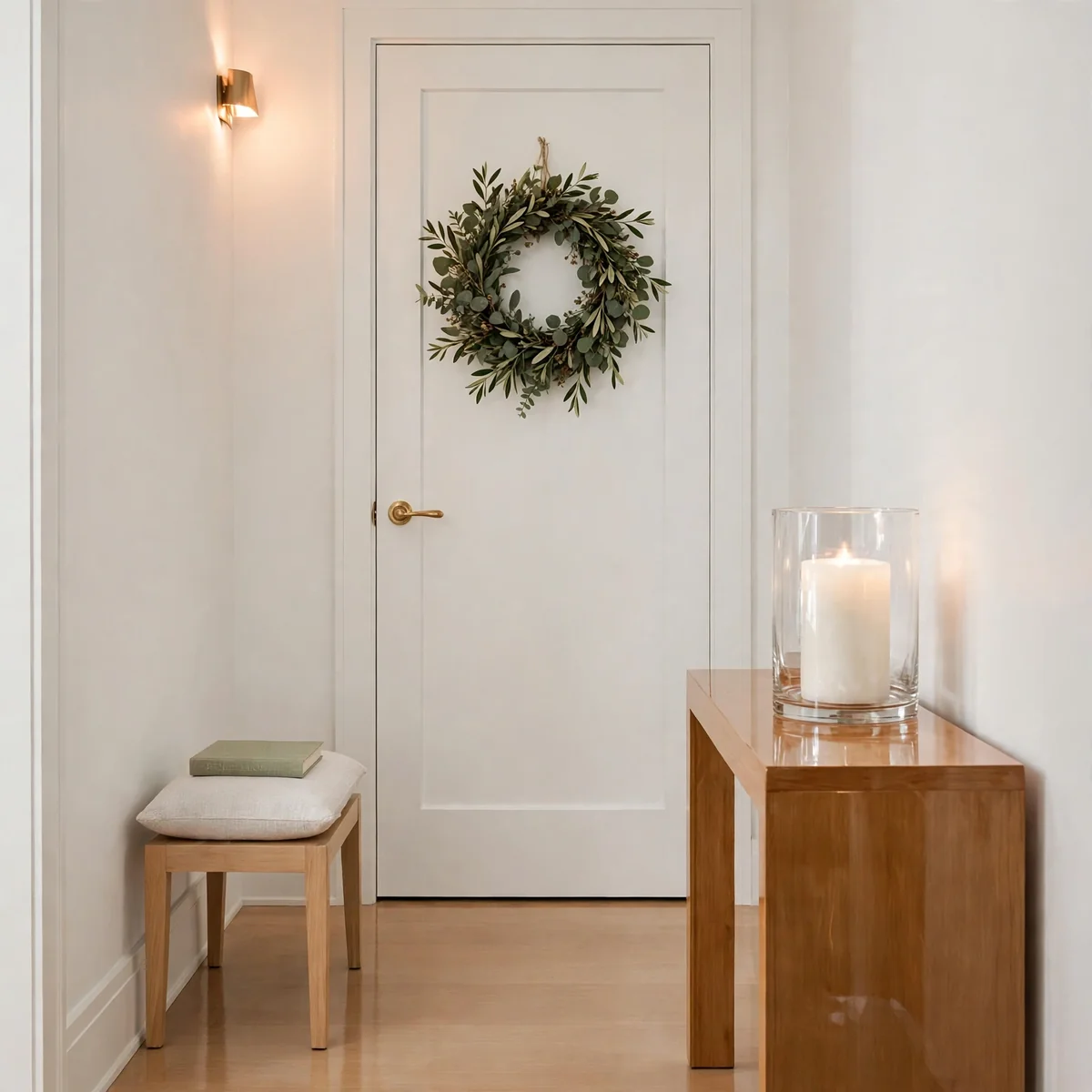 christmas entryway decor ideas: The Minimalist Single Wreath and One Candle
