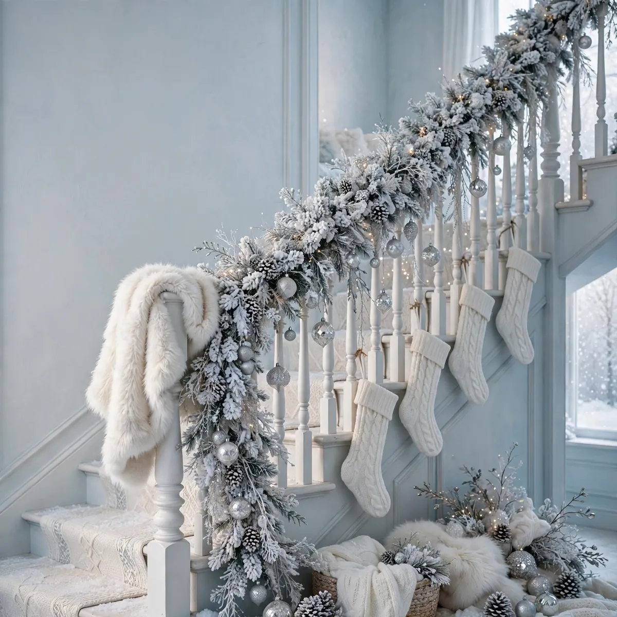 christmas staircase ideas: Winter-White Wonderland in Layers of Texture