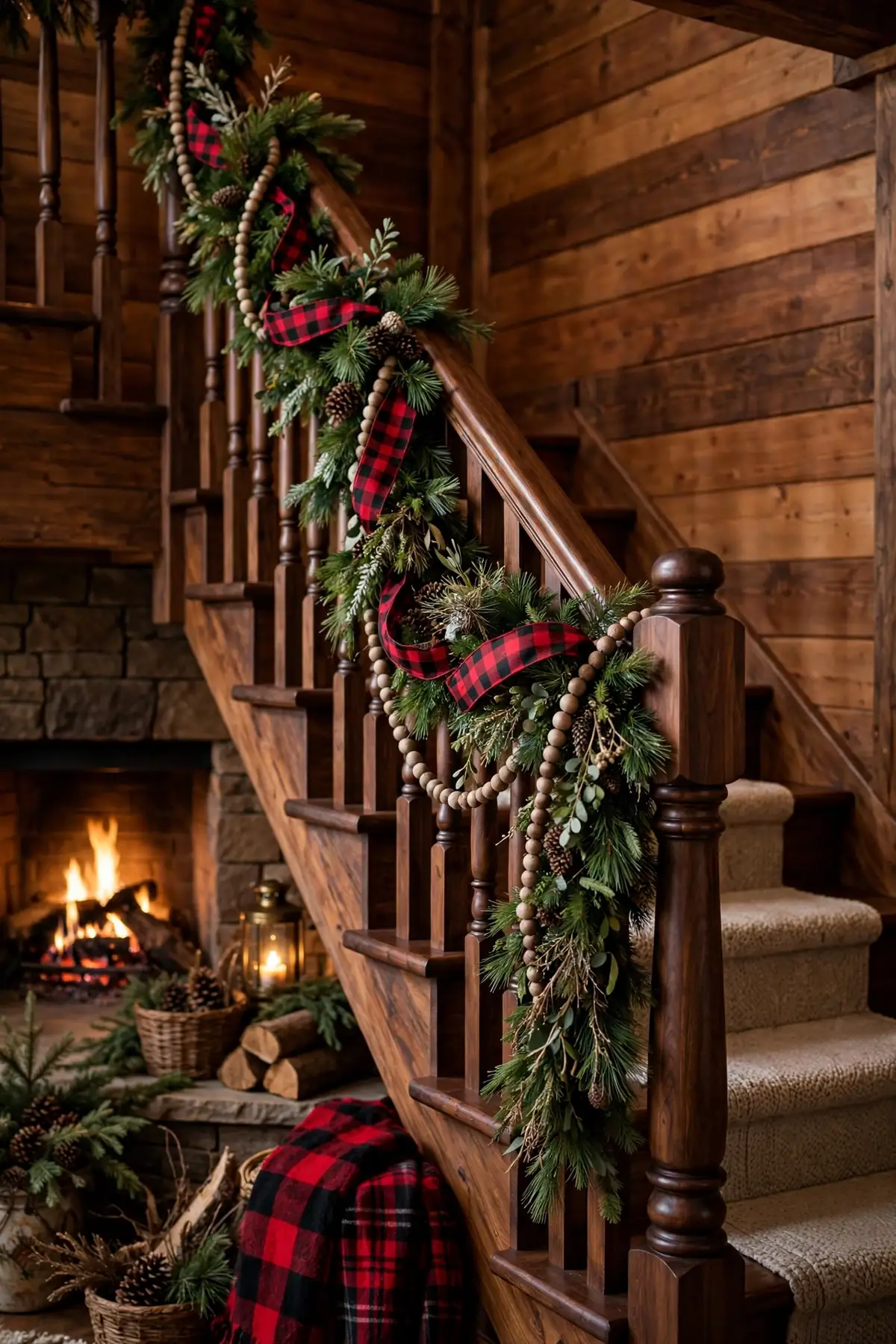 christmas staircase ideas: Rustic Cabin Christmas With Plaid and Pine
