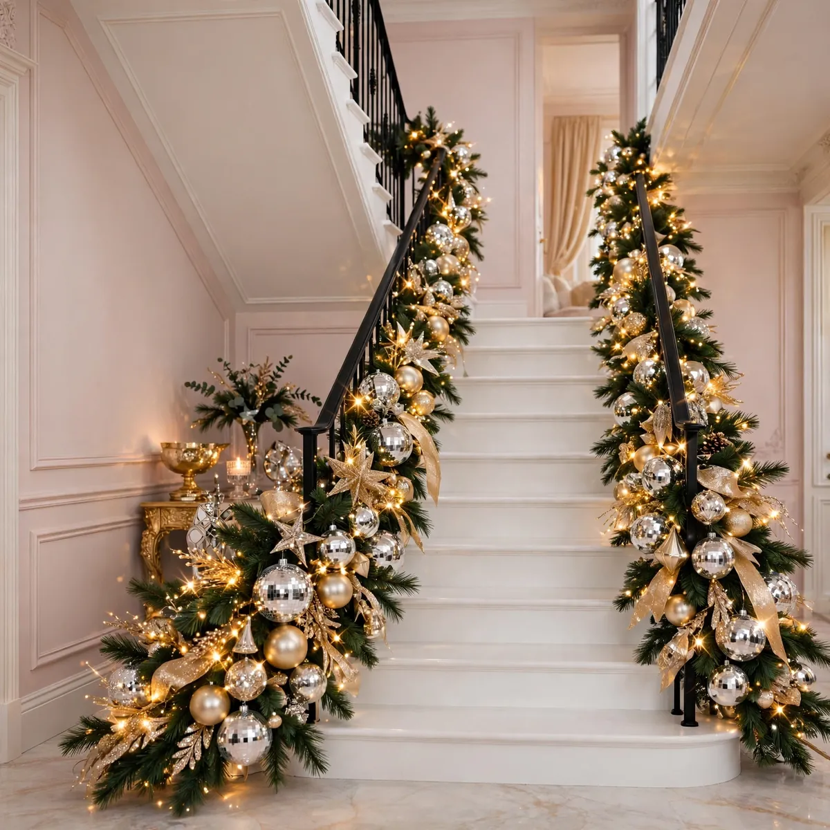 christmas staircase ideas: Champagne Glam With Mirrored Ornaments