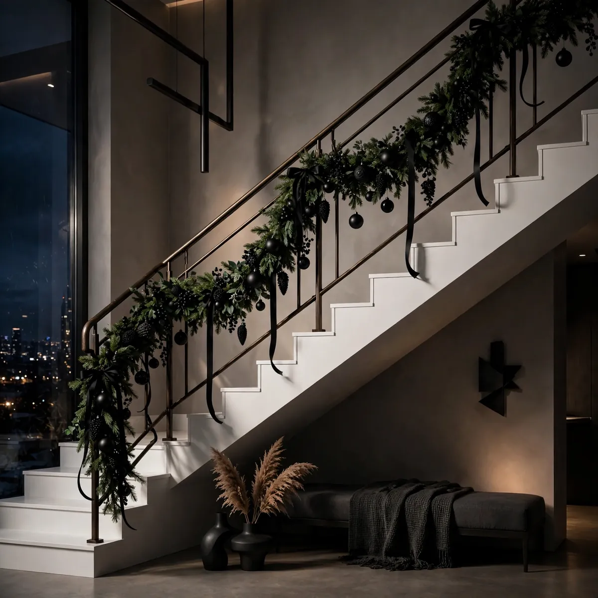 christmas staircase ideas: Forest Green and Matte Black Modern Mix