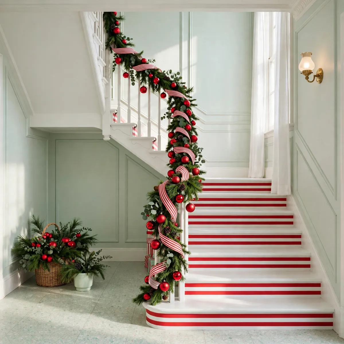christmas staircase ideas: Candy-Cane Stripes in Red and White