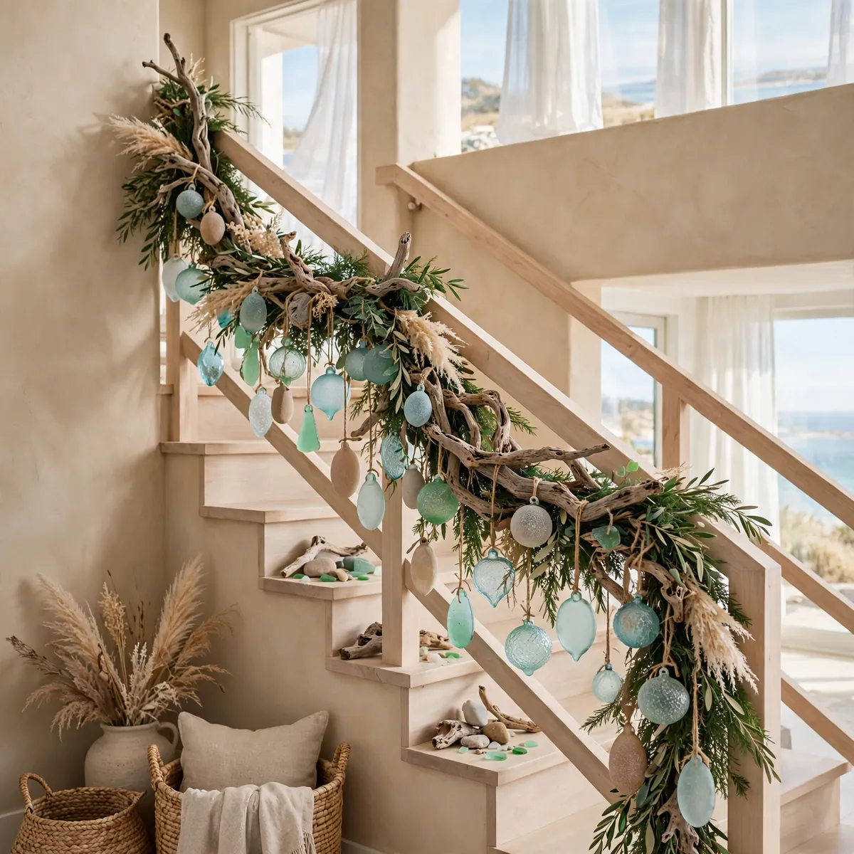 christmas staircase ideas: Coastal Christmas in Sea Glass and Driftwood