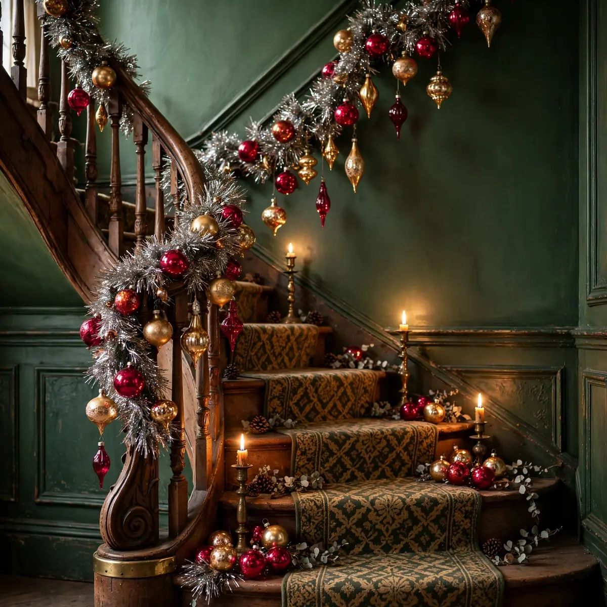 christmas staircase ideas: Storybook Vintage: Tinsel and Heirloom Ornaments