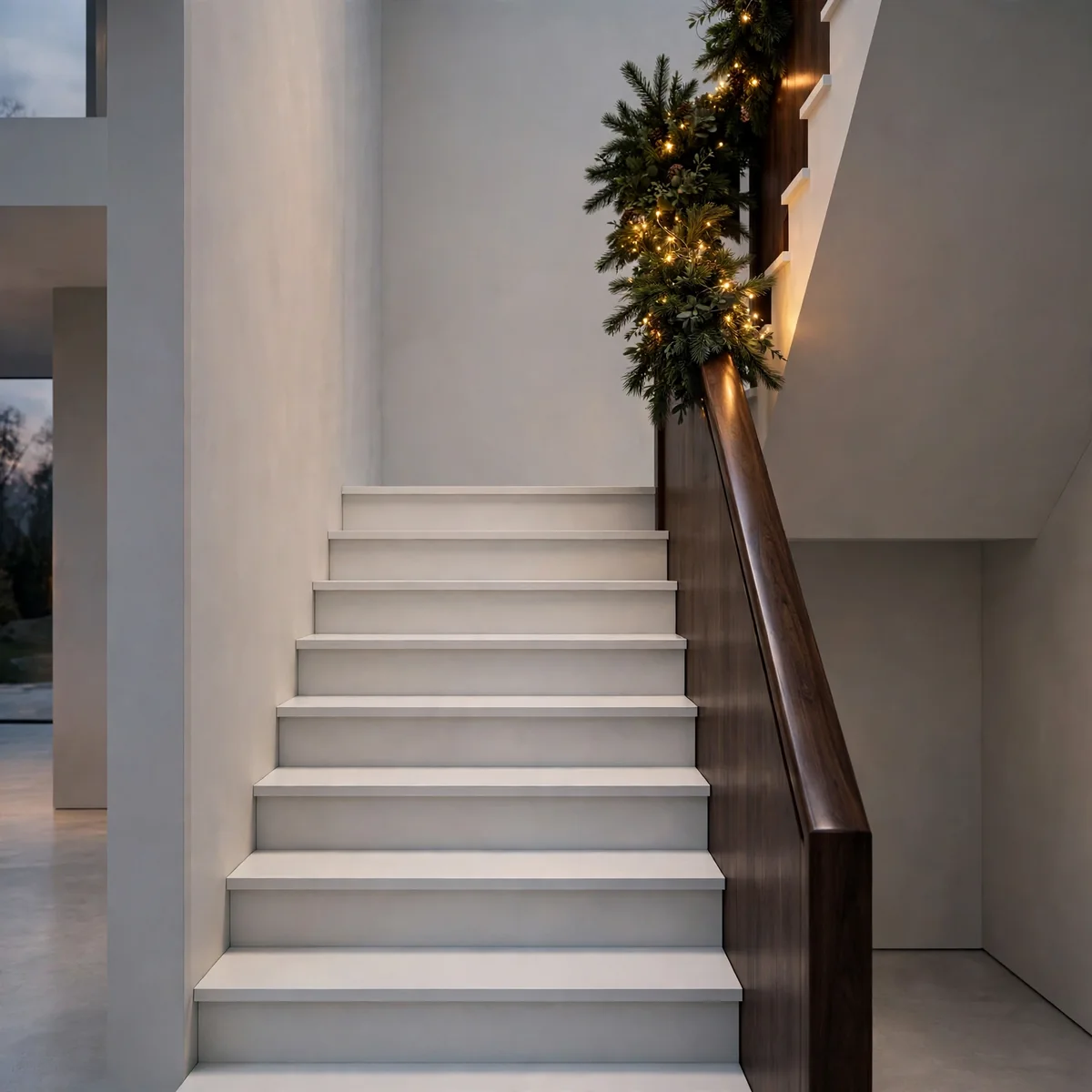 christmas staircase ideas: Greenery Only on the Top Third