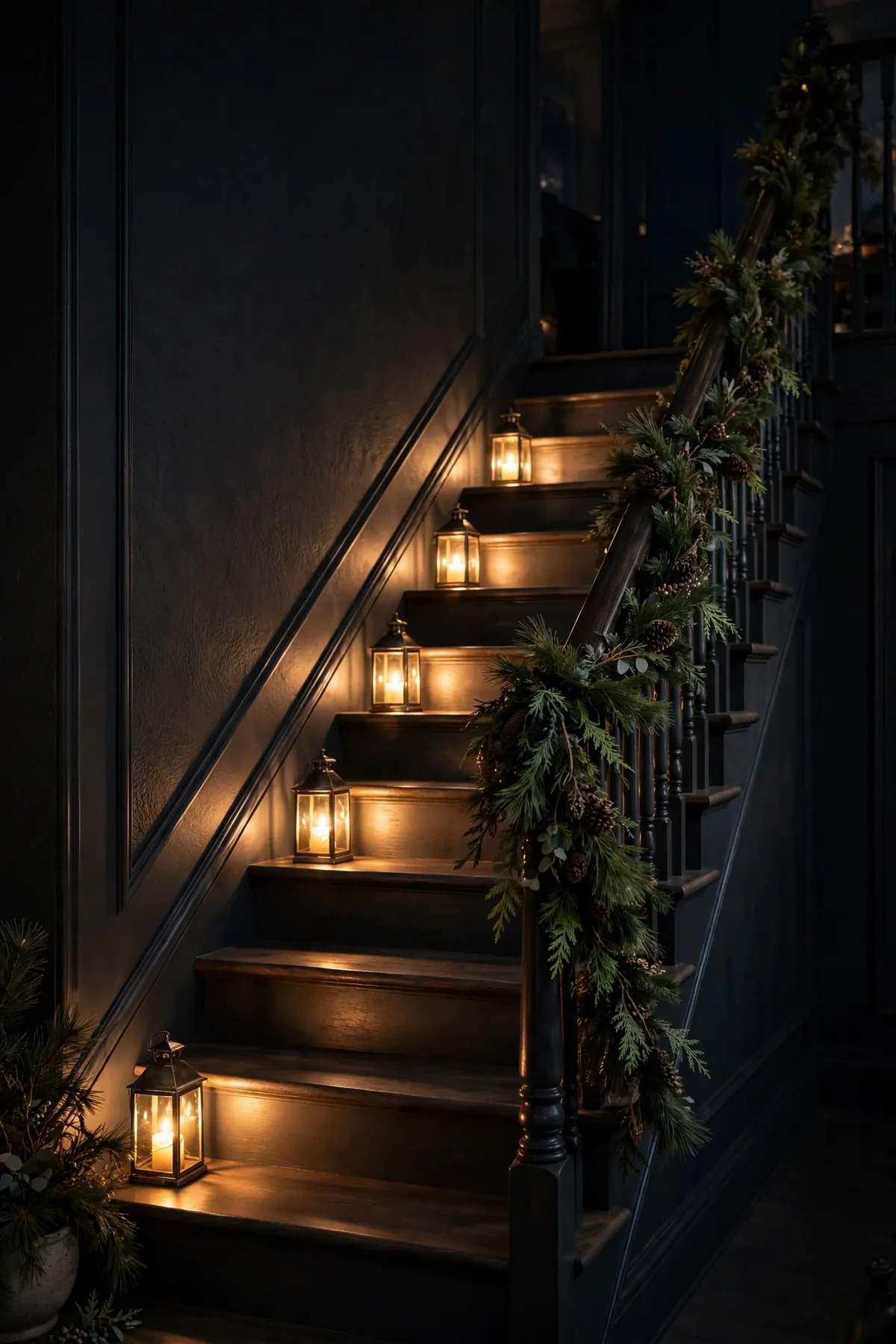 christmas staircase ideas: Lantern-Lit Steps for Evening Drama