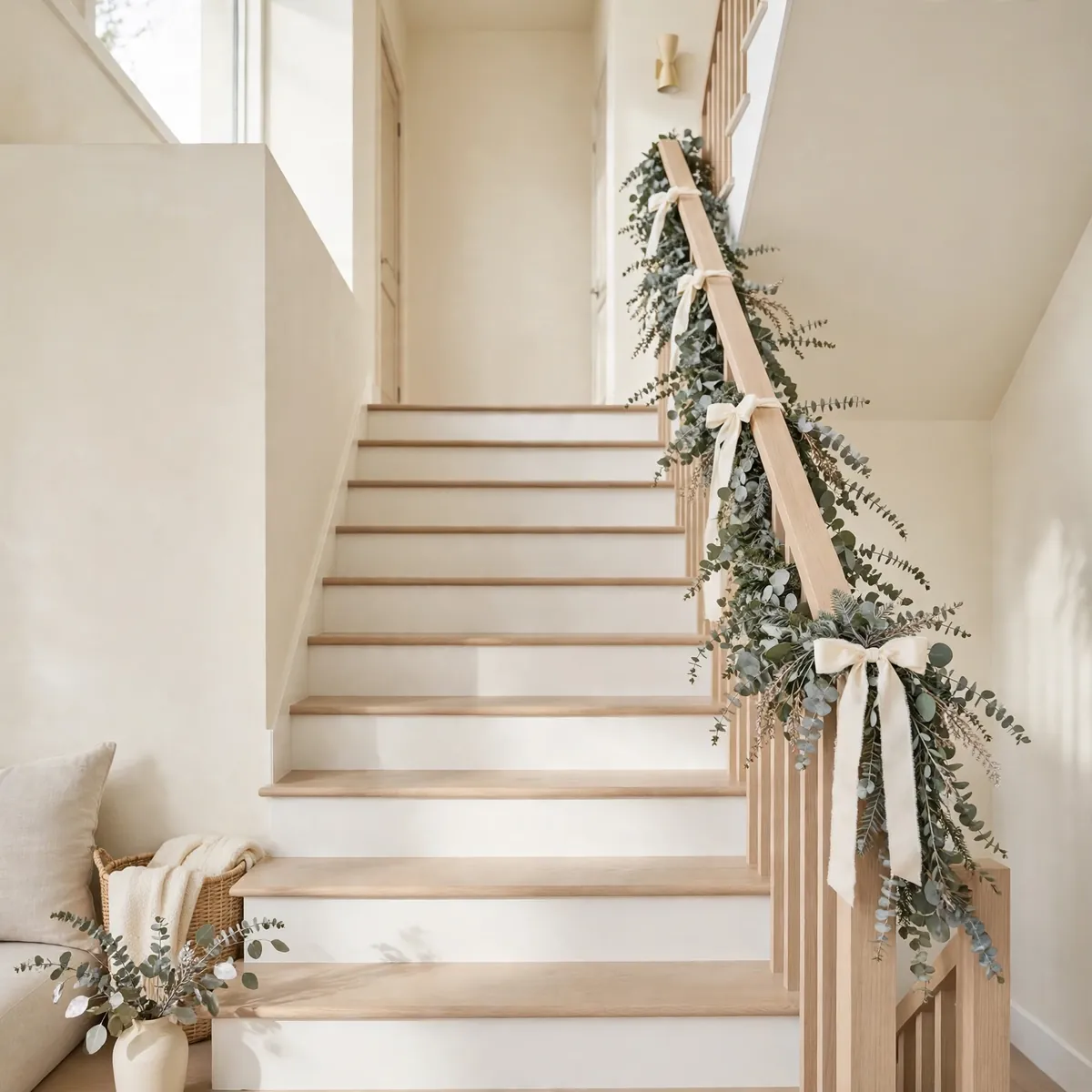 christmas staircase ideas: Eucalyptus and Cream for a Soft Modern Look
