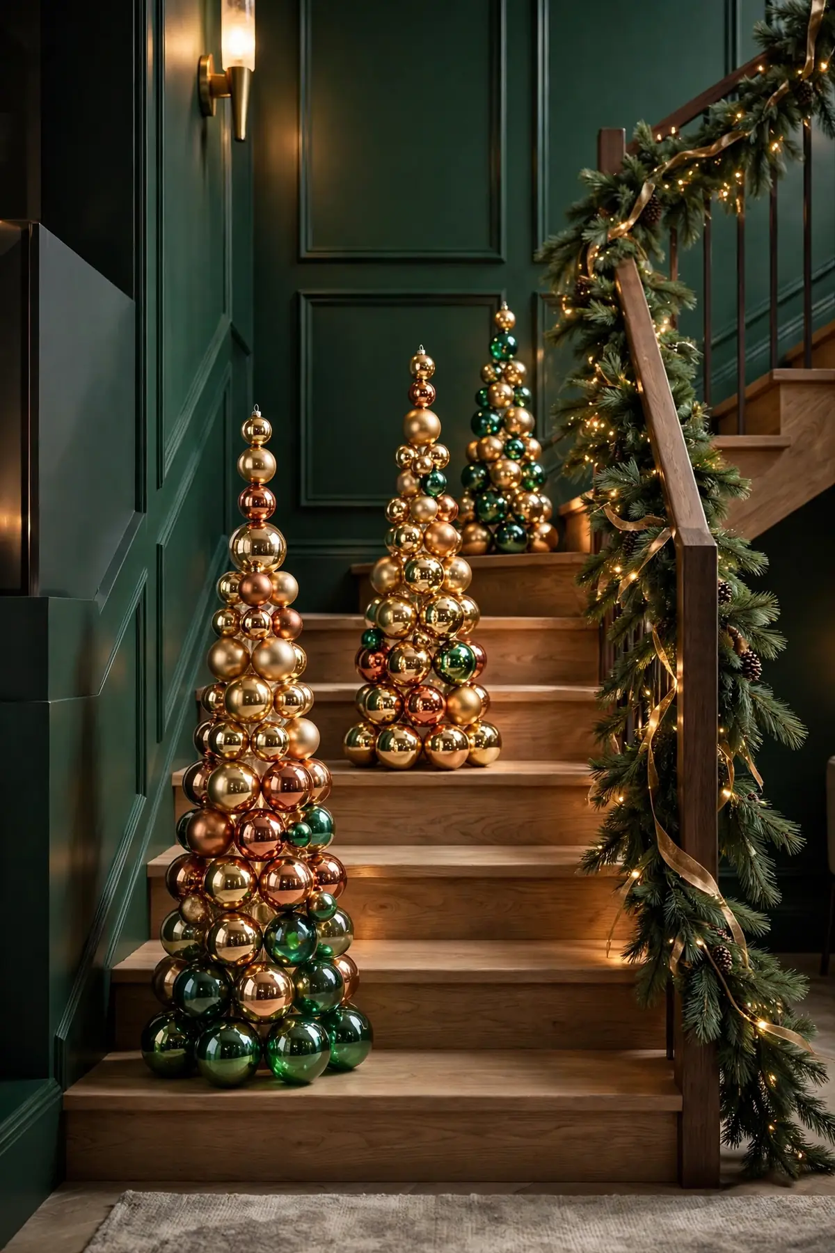 christmas staircase ideas: Glass Bauble Towers on the Steps