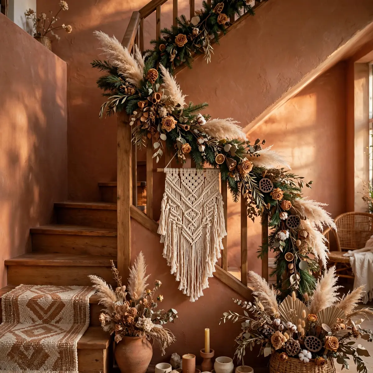 christmas staircase ideas: Dried Florals and Pampas for a Bohemian Christmas
